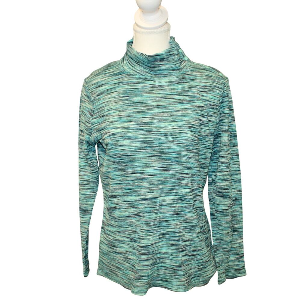 Talbots Petite Large Women Snap Shoulder Teal Black Space Dye Waffle-Knit Mock